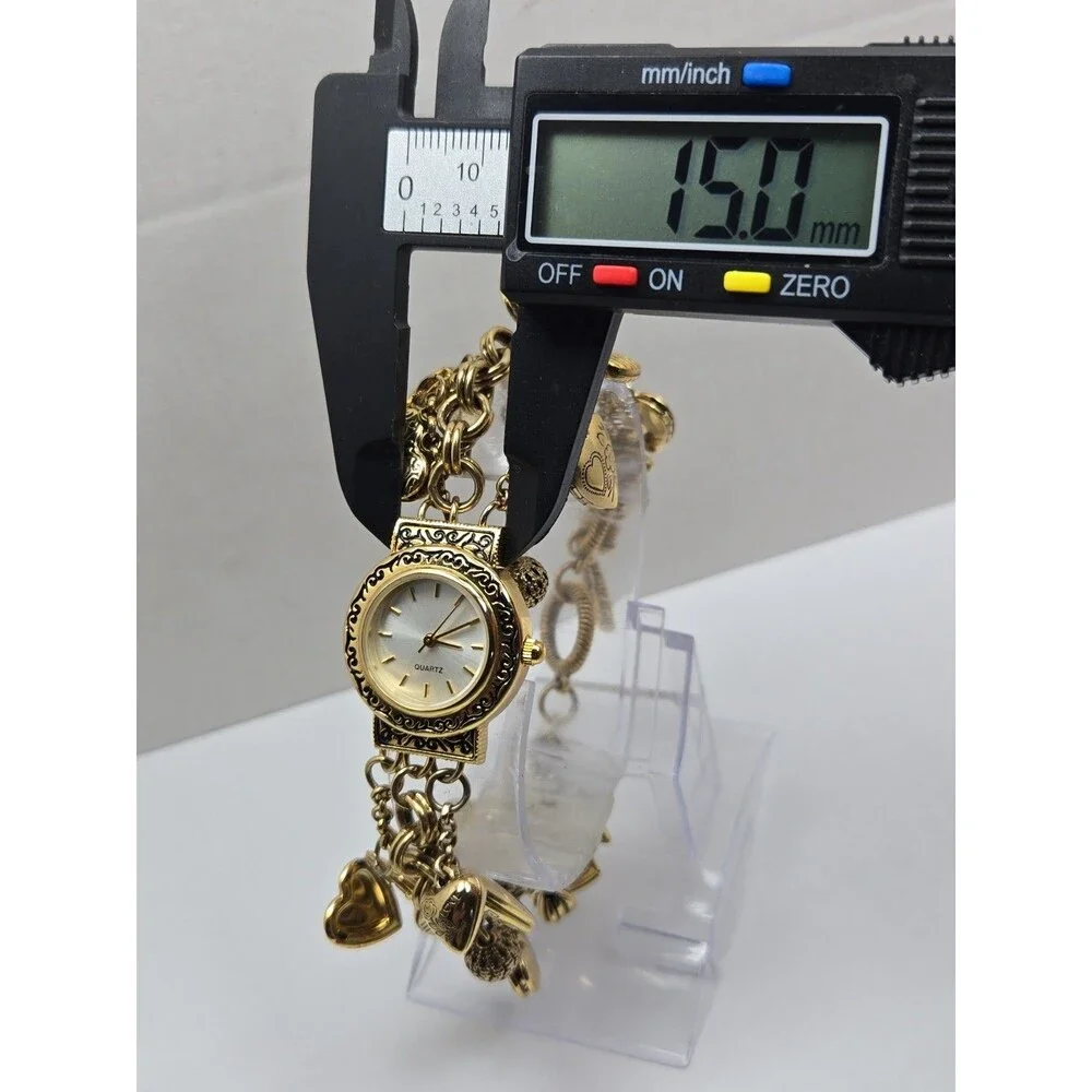 Womens Vintage Gold Tone Hearts Lockets Charms Bracelet Quartz Watch New Battery